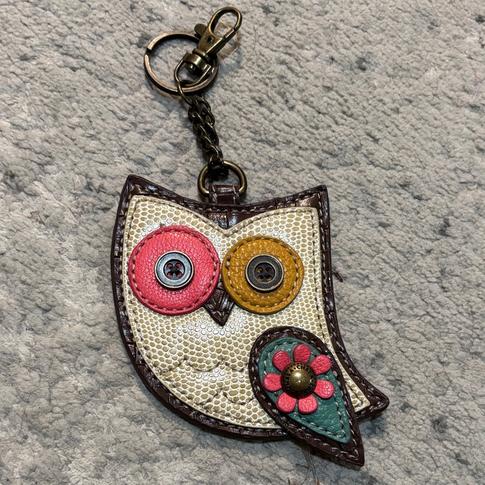 Chala Owl Keychain with Red, Yellow, and Cream Accents